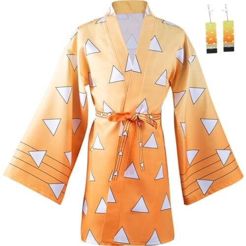 Demon Slayer Agatsuma Zenitsu Cosplay Costumes Suit Shirt Robe With Earrings Belt