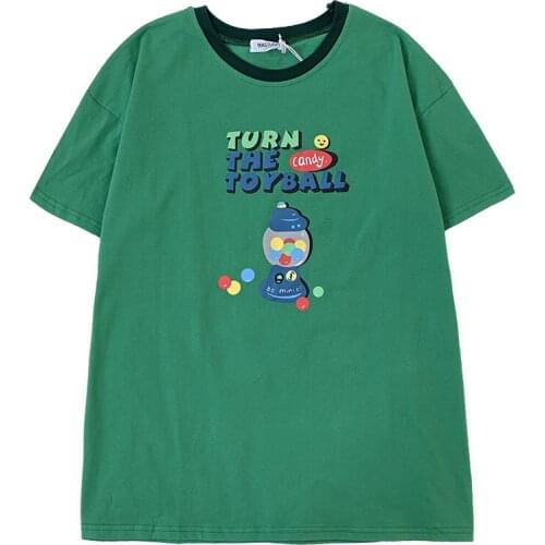 Cute candy letter printing green color matching o neck loose wild short-sleeved T-shirt