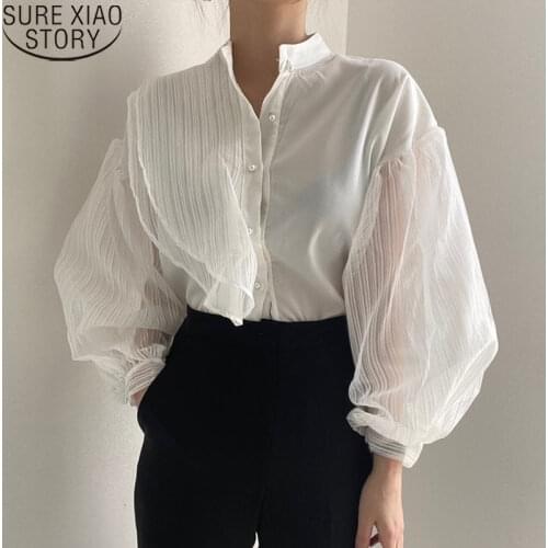 Fashion White Women Shirt Mesh Puff Long Sleeve Blouse Korean Loose Sexy See Through Blouse Stand Collar Clothes Blusas 11256