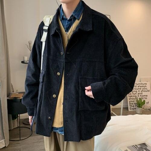 5XL-M Autumn Winter Fashion Big Pockets Corduroy Jackets Men Clothing Simple Turn Down Collar Loose Casual Coats