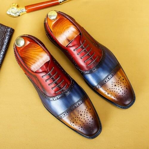 Genuine Leather Mens Bullock Shoes Mixed Color Business Wedding Carved Waxing Process Lace Up Formal Brogues Shoes Men