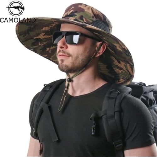 CAMOLAND 15cm Long Wide Brim Bucket Hat For Women Men Camouflage Military Army Hiking Hat Male Outdoor Sun Fishing Caps