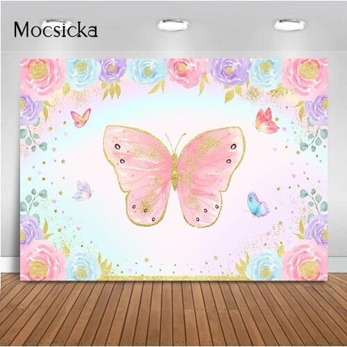Pink Purple Butterfly Baby Shower Birthday Background for Photo Spring Floral Butterfly Photo Backgrounds 1st Birthday Butterfly