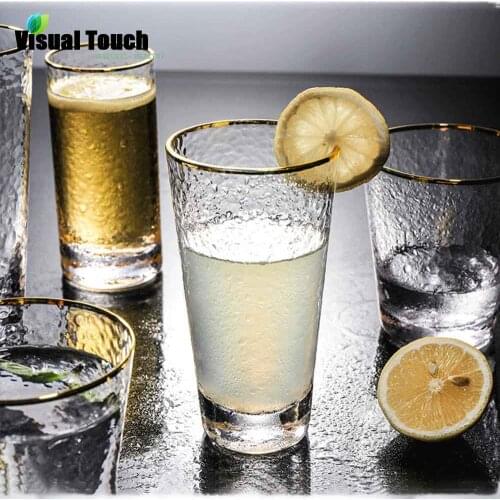 Visual Touch Glass Cup With Gold Rim Coffee Mug Thermal Insulation Breakfast Milk Crystal Hammer Point Ripple Cups Tumbler Gift