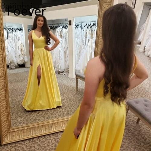 Vestidos De Fiesta 2019 Sexy A Line V-neckline Prom Dresses Slit Skirt Satin Formal Evening Gowns Pageant Dress Long