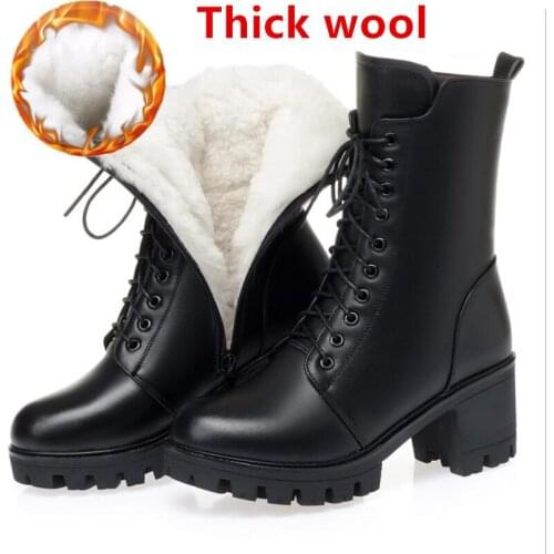Y38Hot sale Genuine leather boots women thick fur wool winter snow boots ladies lace up motorcycle platform boots botas de mujer