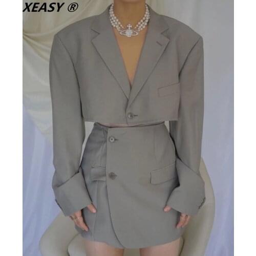 XEASY 2021 Women Fashion Set Vintage Single Button Short Blazer Female High Waist Asymmetrical A-Line Skirt England Style Suit