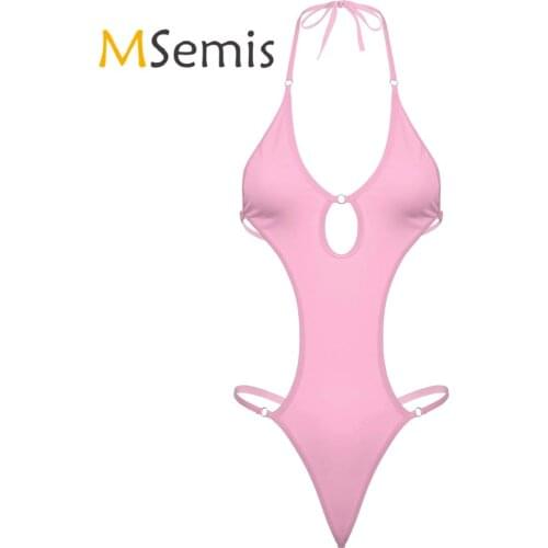 Womens Lingerie Hollow Out Bodysuit Underwear Backless Jumpsuit Sleepwear Womens Lace-Up Halter Neck Ladies Bikini Swimsuit