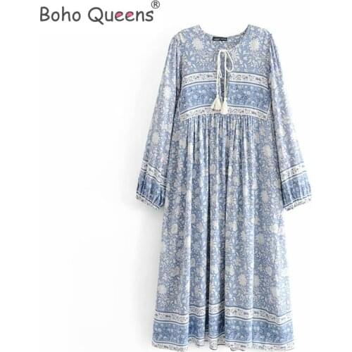 Boho Queens long sleeve lace-up floral porcelain print beach Bohemian midi dress Ladies tassel rayon happie dress