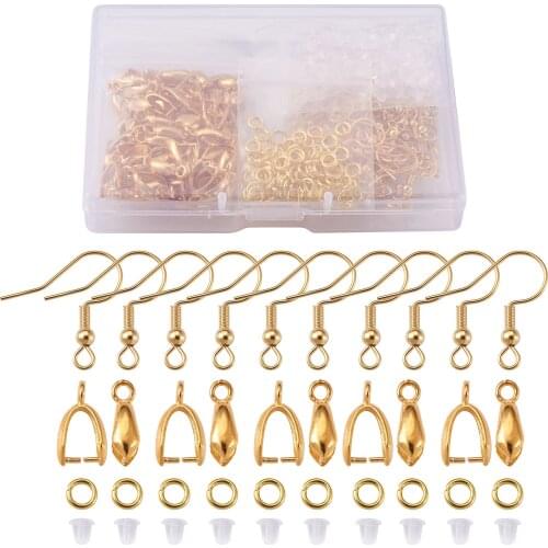 1Box 304 Stainless Steel Earring Hooks with Brass Ice Pick Pinch Bails &Close but Unsoldered Jump Rings for Jewelry Making