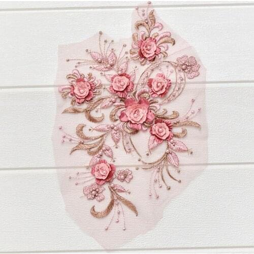 1 Piece 36*21cm Elegant 3D Flower Embroiderey Pearl Beaded Lace Applique Lace Trim Dress Fabrics Material Blue/Champagne/Pink