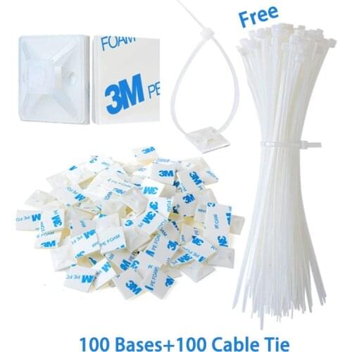 100 PCS Cable Tie Bases Mount With 100 PCS Cable Tie Bases 3M Glue Wire Removable Self Adhesive Wall Holder Car Fixing Seat