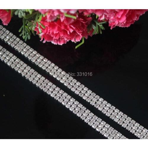 Free Shipping 5Yards/lot DIY 3Rows Clear Rhinestone Chain Trimming For Mobile Garment Shoes Jewelry Silver Base SS12 3mm