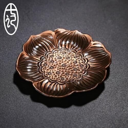 Handmade bronze retro cup tea mat saucer heat insulation cushion Japanese Kung Fu set ceremony accessory lotus leaf decoration