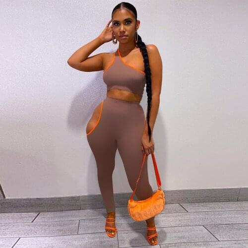 One Shoulder Asymmetrical 2 Piece Pant Suit Summer Tracksuit Sleeveless Bandage Crop Top+side Cit Out Skinny Legging Tracksuits