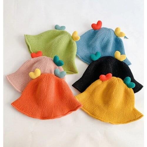 Autumn and winter New cute children candy color double heart knitted wool keep warm bucket hat baby basin hat