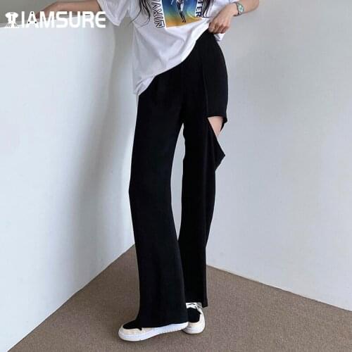 IAMSURE Solid Suitpants With Hole Loose Hollow Out Wide Leg Pants Casual High Waisted Trousers Women 2021 Elegant Fashion Ladies