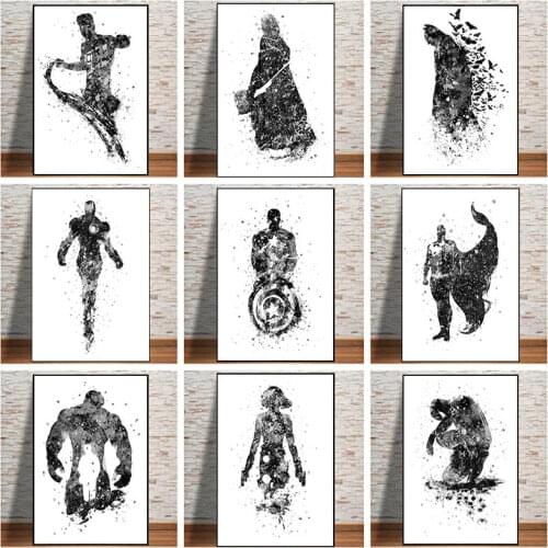 Marvel Avengers Canvas Paintings Batman Iron Man Superhero Posters Black and White Print Wall Art Picture for Living Home Decor
