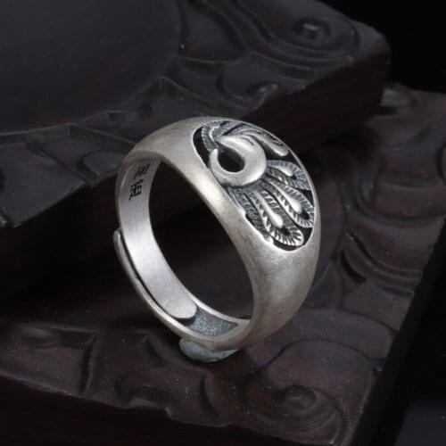 Real 999 sterling silver 990 pure silver peacock ring vintage distressed wide version index finger ring