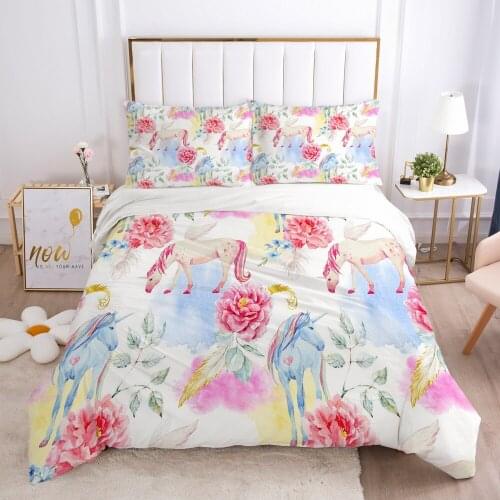 Cartoon Duvet Cover Set 3D Unicorn Children Bedding Set Quilt Cover Pillowcases Girls United States King Queen Bed Set