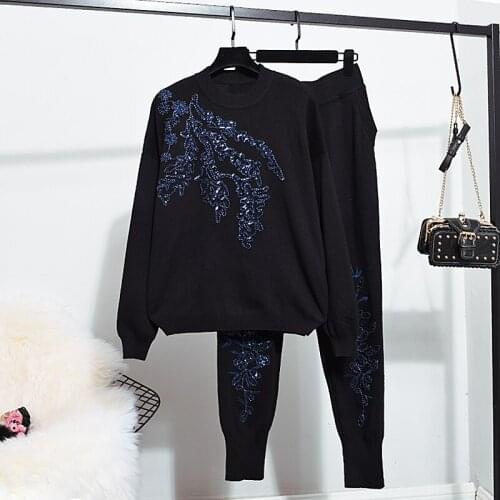 Autumn Winter Beading Embroidery Knitted Set Women Long sleeve Sweater Long Pencil Pants 2pc Ladies Tracksuits Two Piece Outfits