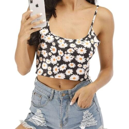 Summer Crop Top Bandage Floral Print Vest Shirt Women Little Daisy Printed Camisole Exposed Navel Tees and Tops Slim Fit Vest