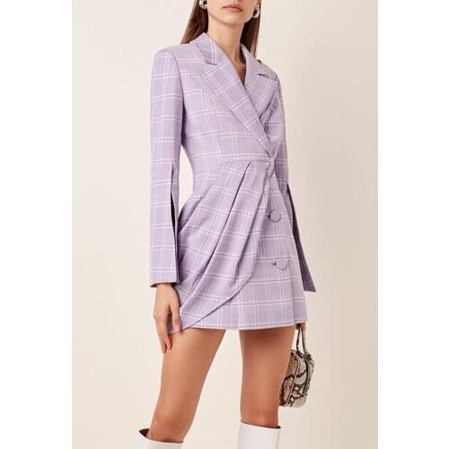 Young Girl Check Women Suits In Stock Cheap Long Sleeve Plaid Folds Blazer Dress High Quality School Daily Casual Coat 1 Piece