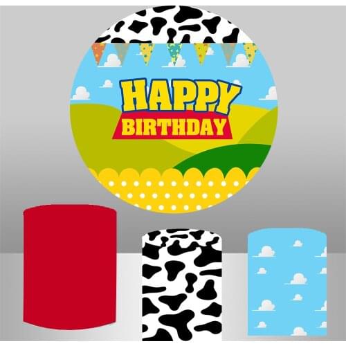 Cartoon farm story round backdrop baby shower circle background cow sky kids birthday party decoration table plinth cover YY-379