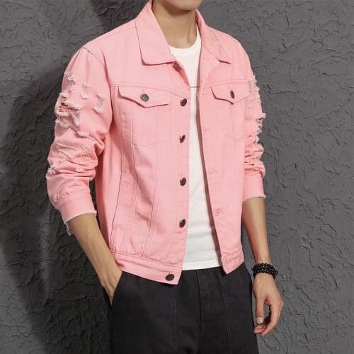 Men Very Good Quality Denim Jacket 2020 Autumn New Fashion Slim Fit Casual Coat Solid Hole Design Windbreaker Pink 4XL 5XL 051