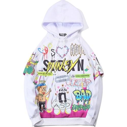 Hoodies Men Hip Hop Letter Print Men Pullover Cartoon Oversize Style Hooded Sweatshirt Lover High Street Streetwear