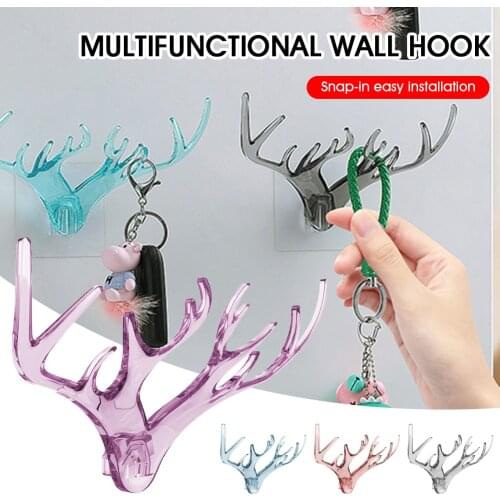 Wall hanging hook creative crystal transparent antler hook free punch hat key chain hanging hook with sticky wall decoration