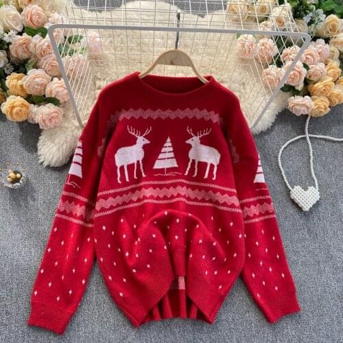 Deer Sexy Warm Sweater 2021 Winter Womens Knitted Long-Sleeved Red Plus Size Top NW144