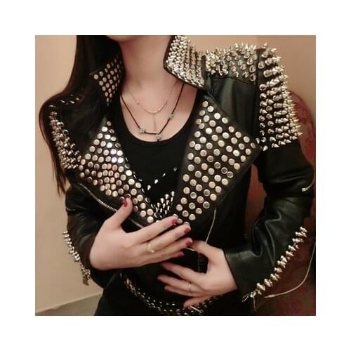 Full Rivet PunK Rock Music Festival Stage Show Full Metal Sequined Motobike Industrial Heavy Leather Jacket Cool Chic Singers