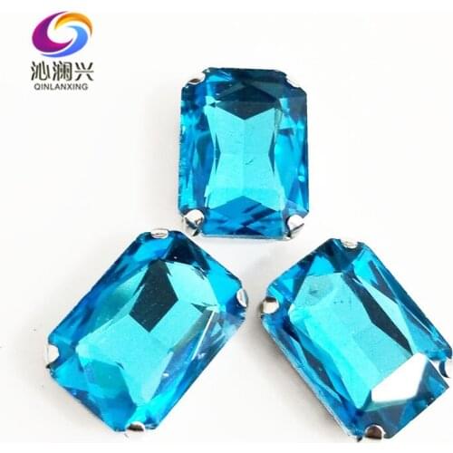 Lake blue Rectangle octagonal shape High quality Glass Crystal flatback sew on claw rhinestones,Diy Clothing accessories SWC12