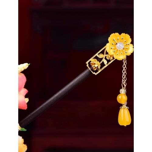 Retro Simple Wood Hair Stick Original Exquisite Crystal Flower Hair Jewelry Classical Elegant Princess Jewelry Accessories