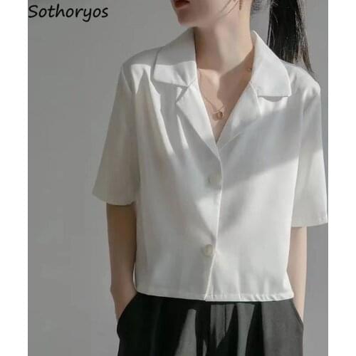 Shirts Women Notched Plus Size S-3XL All-match Chic Korean Style Baggy Retro Streetwear Casual Short Sleeve Female Blouses Ins