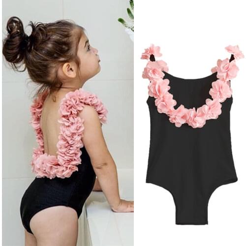 1-5 Year Baby Girls Swimsuit Toddler Kids Black One Piece Backless Swimming Bathing Suit Children Ruffles Flower Bikini Swimwear