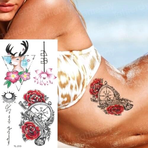 Summer tattoo women girl bikini tattoos waterproof back body art moose red rose compass sticker tatoo children decal fashion