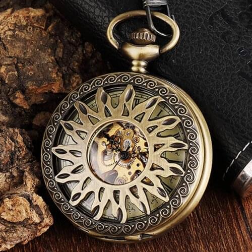 Vintage Steampunk Sun Flower Hollow Mechanical Pocket Watch Men Antique Skeleton Stainless Steel Hand Fob Watch Chain Necklace