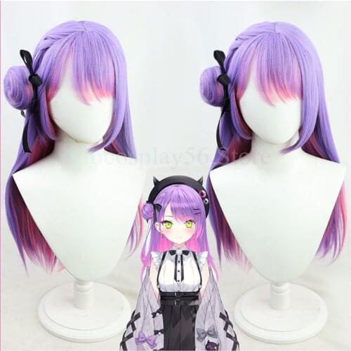 VTuber Tokoyami Towa Wig Bun Ribbon Hololive Idol Cosplay Girls Purple Mixed Pink Long Straight Synthetic Hair