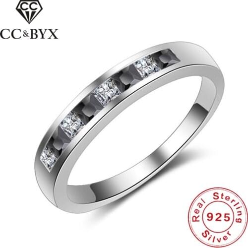 CC S925 Sterling Silver Jewelry Simple Rings For Women Square Black & White Stone Bridal Engagement Party Wedding Bague CC824