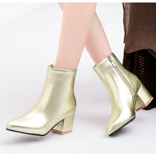 Ladies Simple Fashion Boots Zipper Slim Round Toe Four Seasons Womens Shoes Comfortable Square High Heel Large Size Short Boots