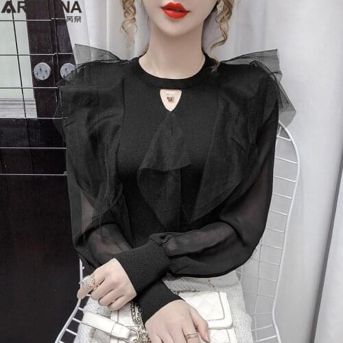 Chic Mesh stitching Lantern Sleeve Sweater Women Elegant Knitted Pullovers sweet woman sweaters fall Winter Jumpers pull femme