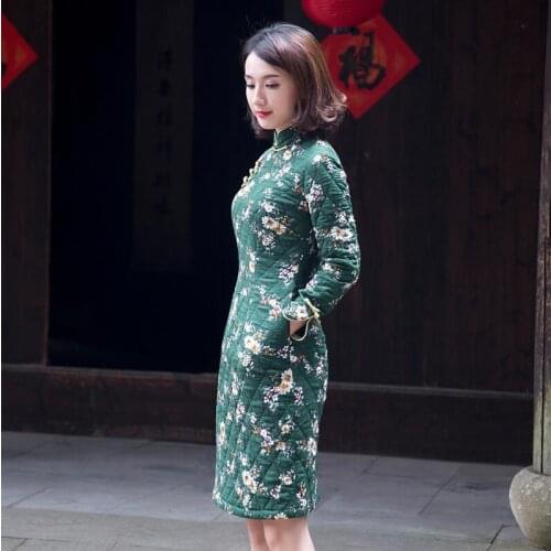 Winter Chinese modified cheongsam green dress thickened warm cotton jacket Plush long sleeve Chinese style slim fairy vintage