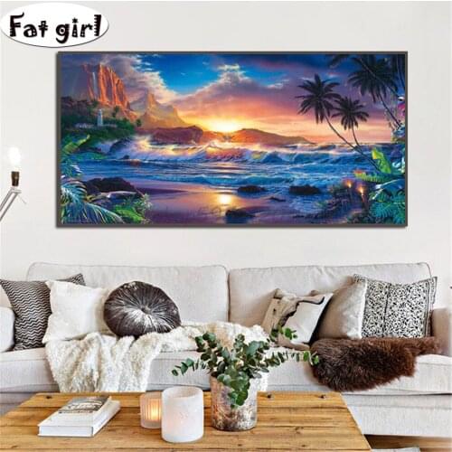 DIY 5D diamond embroidery Sunset scenery mosaic cross stitch square round Lighthouse, coconut trees, waves diamond painting