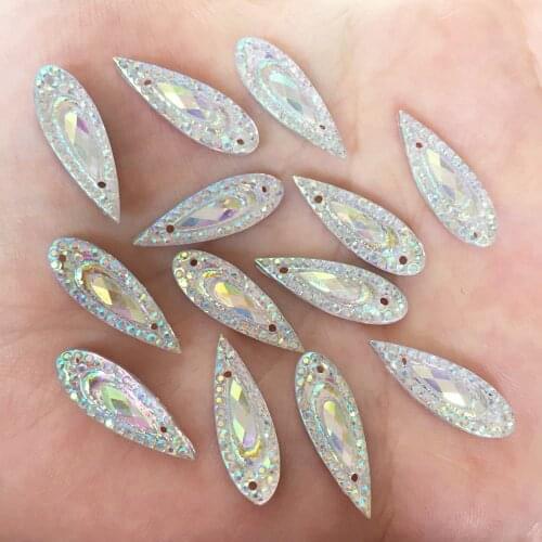 60PCS shiny AB Resin 6*20mm Teardrop Flat back rhinestone scrapbook DIY Wedding 2 hole applique ornament SF525
