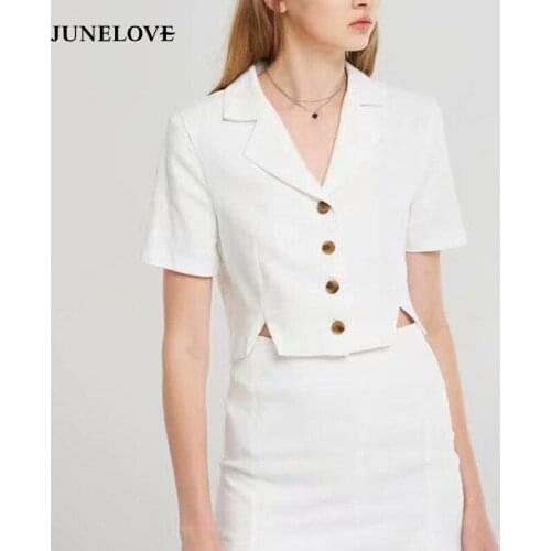 JuneLove women elegant white crop top cotton linen shirt buttons short sleeve blouse short style female summer blusas