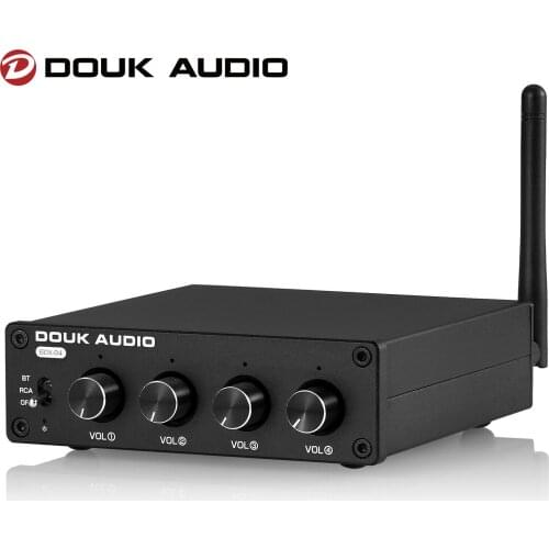 Douk Audio HiFi Mini Bluetooth 5.0 Stereo Digital Preamp Receiver 4-way RCA Audio Splitter / Switcher Box Selector APTX-HD