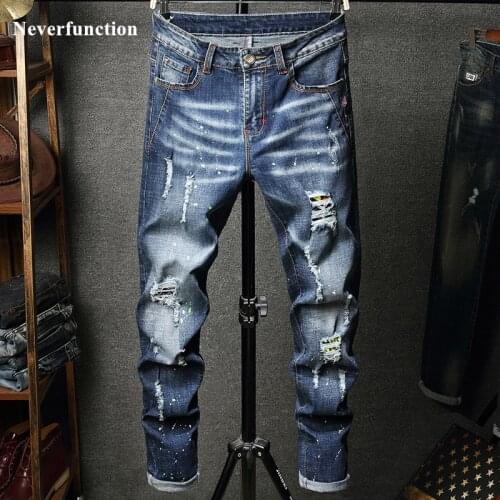 2019 Men Hip Hop Ripped distressed Stretch Slim Fit Jeans Trousers streetwear man holes Ink printed Casual beggar Denim pants