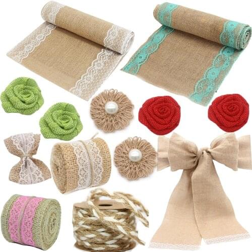 Hessian Jute Burlap Table Runner Chair Sash Burlap Flower Banner Hemp Rope Ribbon For Craft Birthday Wedding Party Decoration